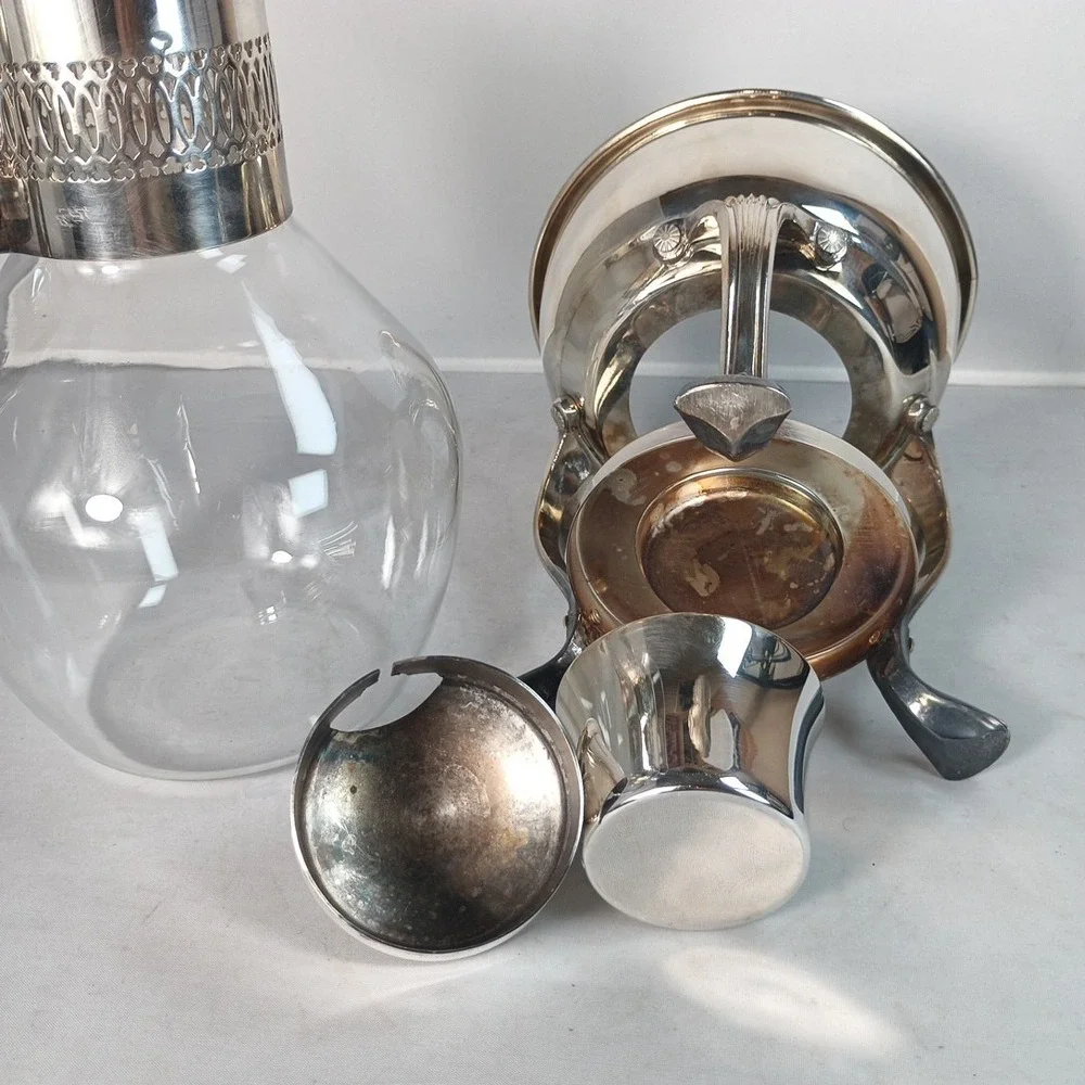 Vtg MCM Style Silver Plated & Glass Coffee Tea Carafe with Footed Warmer Stand